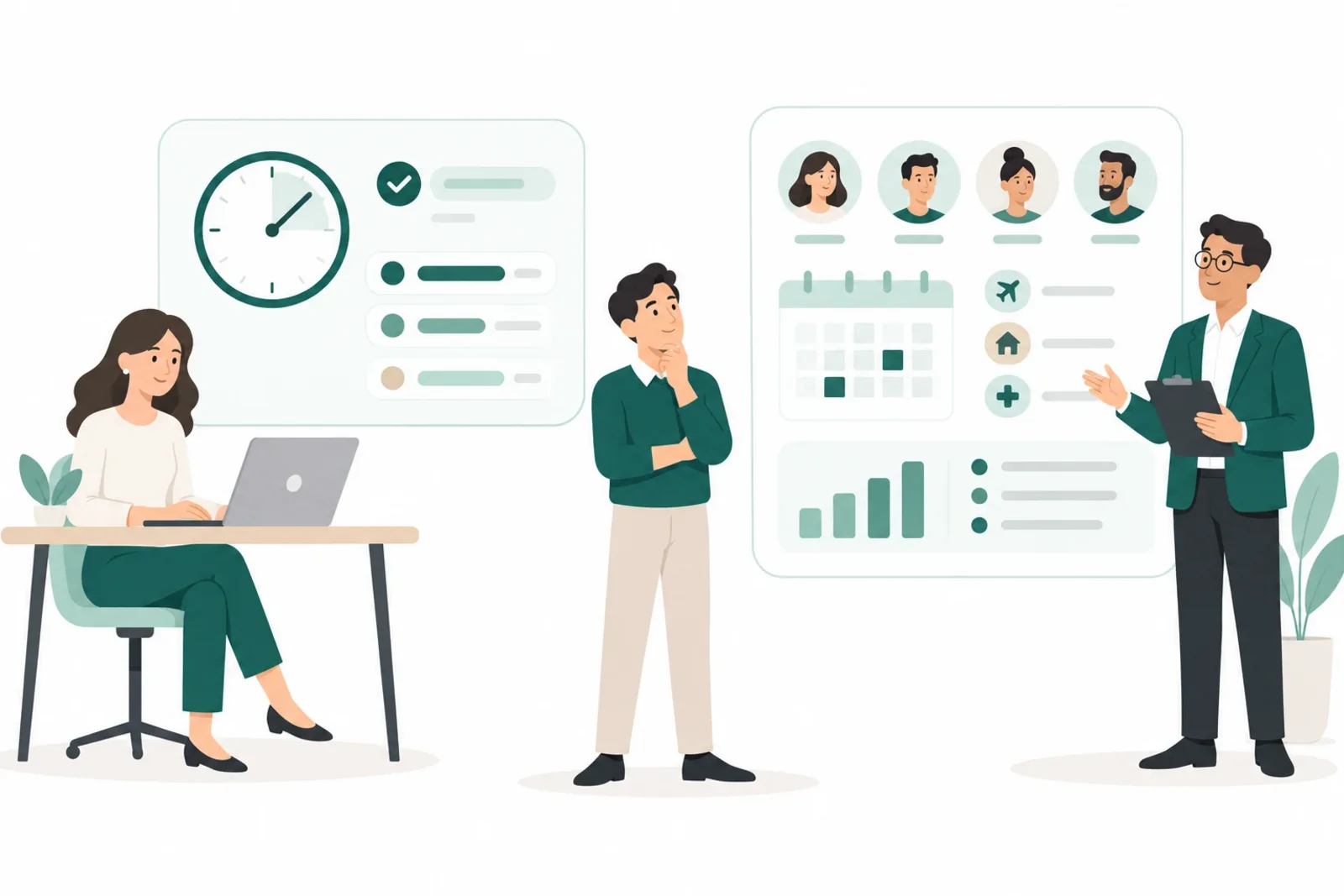Ein Team vergleicht fokussierte Zeiterfassung mit einer umfassenderen HR-Plattform anhand von Timer-, Kalender- und Mitarbeiterkarten.