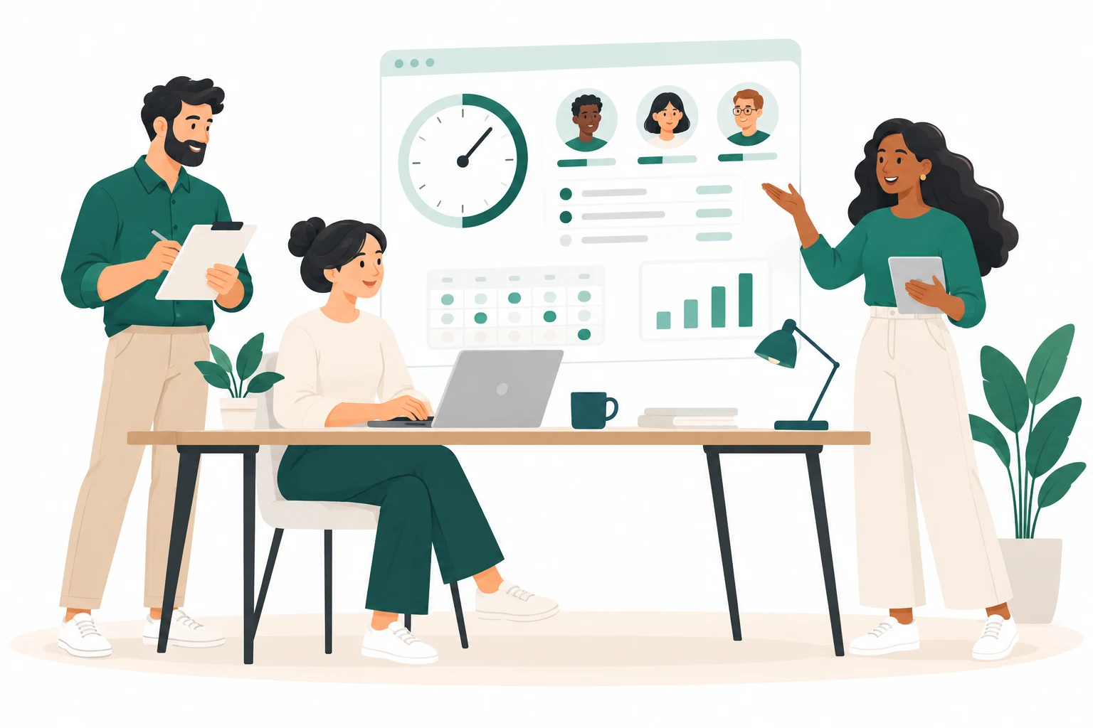 A small business team coordinates working time, attendance and reports around a shared desk.