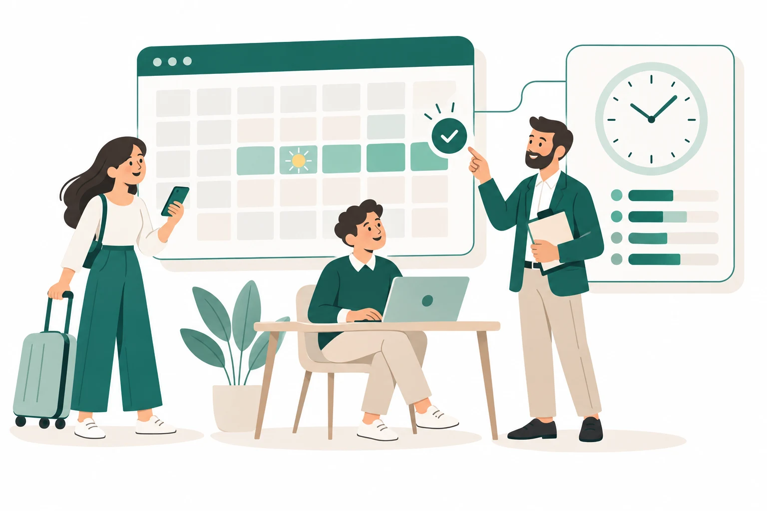 A team coordinates leave requests and approvals using a shared calendar connected to a time tracking card.